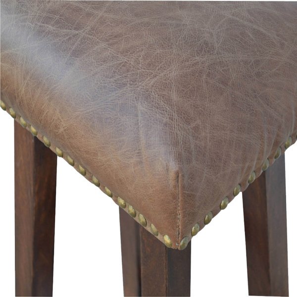 Solid Mango Wood Oak Finished Brass & Leather Upholstered Bar Stool - Image 5