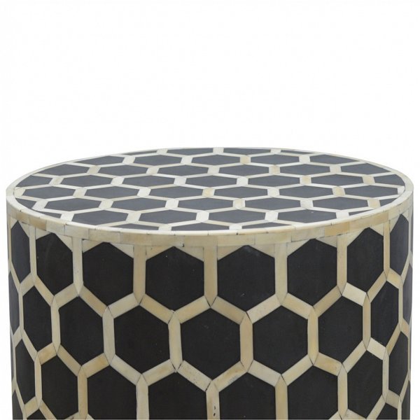 Solid Mango Wood Carbon Black & Bone Inlay Cylindrical Stool - Image 5