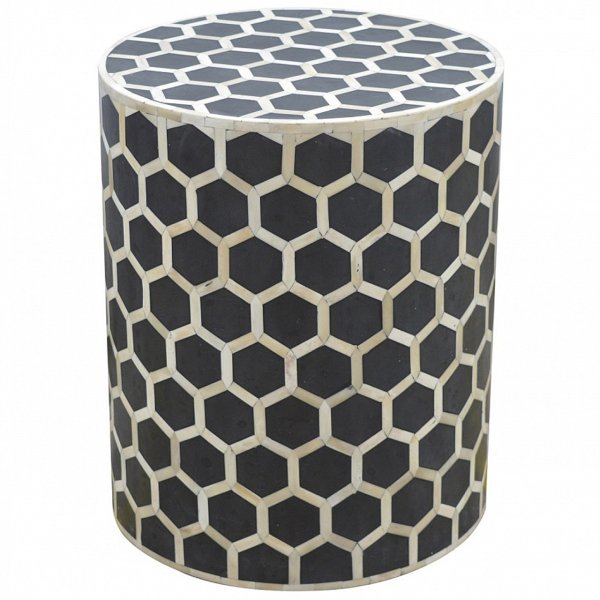 Solid Mango Wood Carbon Black & Bone Inlay Cylindrical Stool