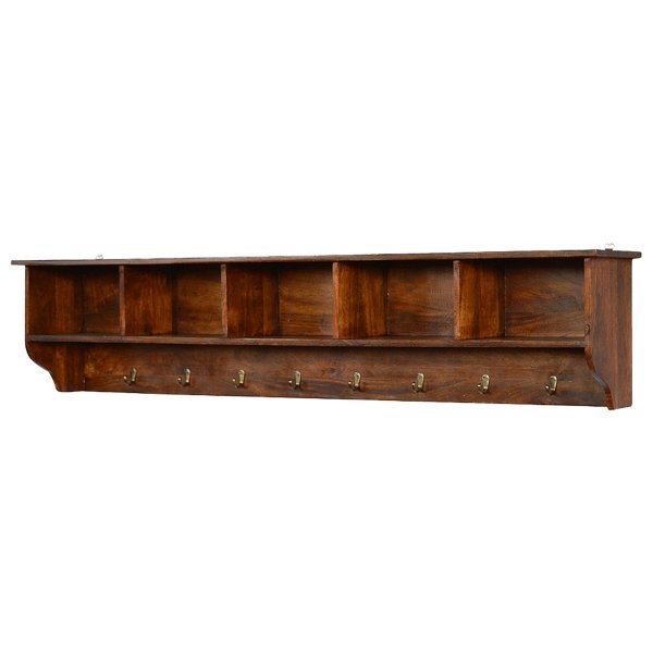 Solid Mango Wood Oak Finished Floating Hook Storage Unit - Image 2
