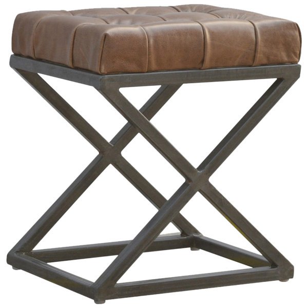 Solid Mango Wood Iron Based Leather Upholstered Industrial Cross Metal Stool - Image 2
