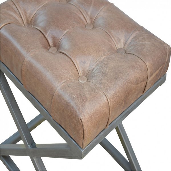 Solid Mango Wood Iron Based Leather Upholstered Industrial Cross Metal Stool - Image 5