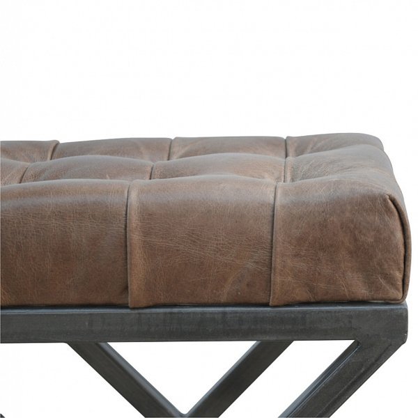 Solid Mango Wood Iron Based Leather Upholstered Industrial Cross Metal Stool - Image 4