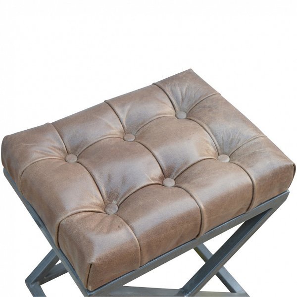 Solid Mango Wood Iron Based Leather Upholstered Industrial Cross Metal Stool - Image 6