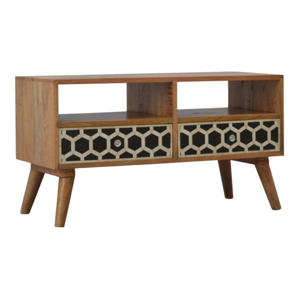 Solid Mango Wood Oak Finish Bone Inlay 2 Drawer Media Unit - Image 2