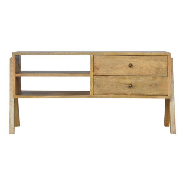 Solid Mango Wood Oak Finished 2 Drawer 2 Slots Trestle Media Unit