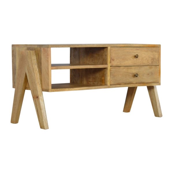 Solid Mango Wood Oak Finished 2 Drawer 2 Slots Trestle Media Unit - Image 2