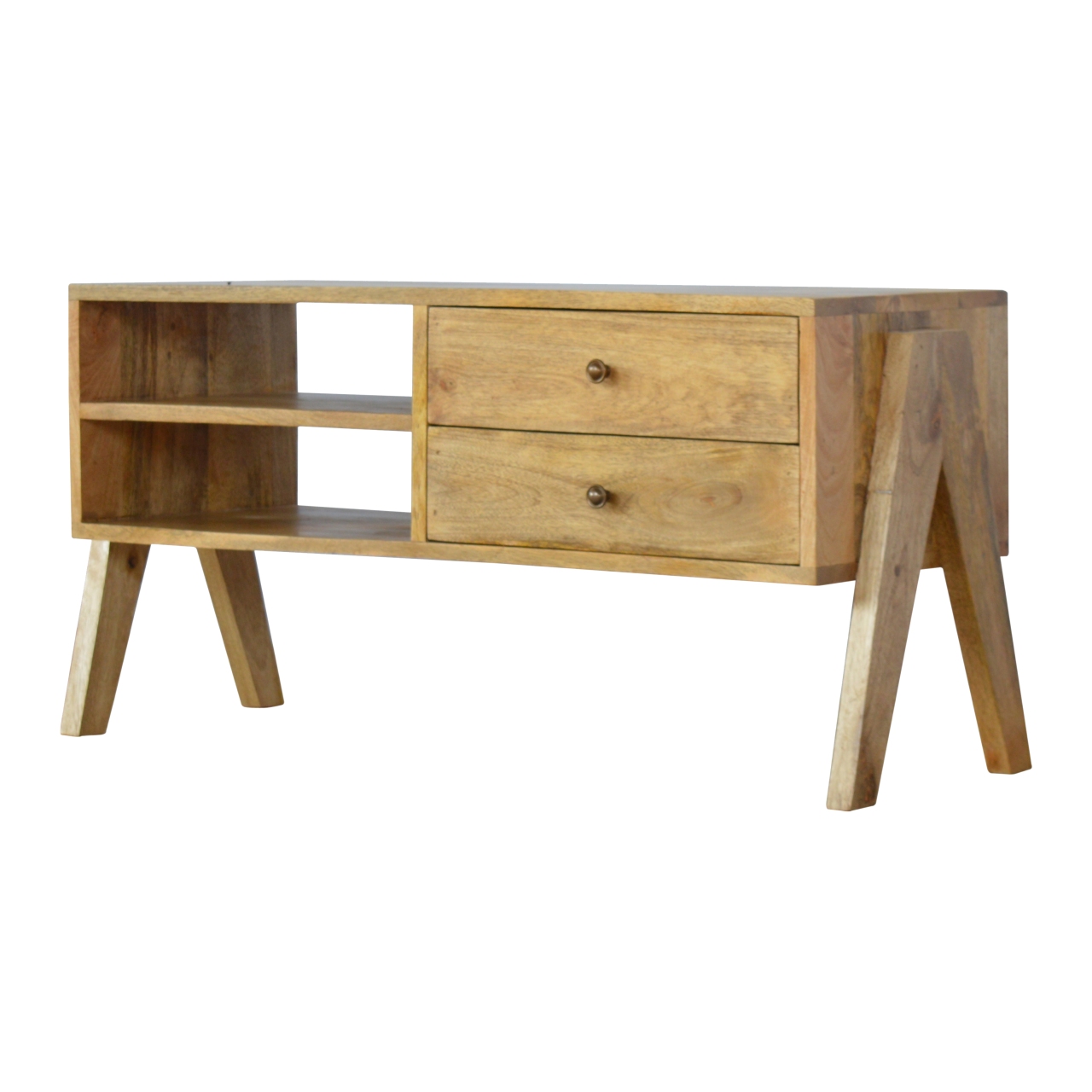 Solid Mango Wood Oak Finished 2 Drawer 2 Slots Trestle Media Unit - Image 3