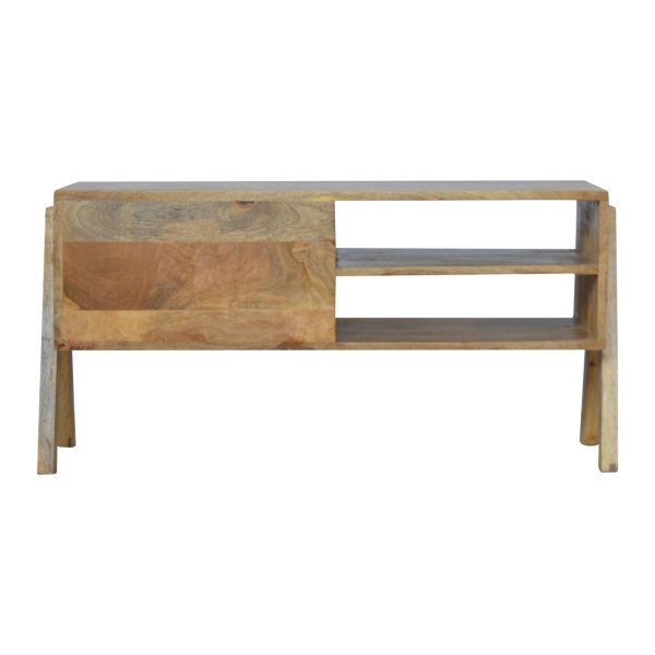 Solid Mango Wood Oak Finished 2 Drawer 2 Slots Trestle Media Unit - Image 9