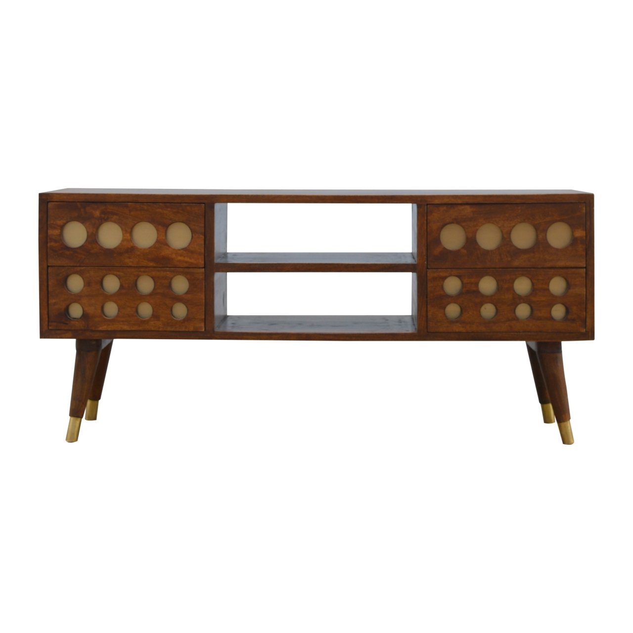 Solid Mango Wood Chestnut Finished 4 Drawer 2 Slot Brass Hole Inlay Media Unit