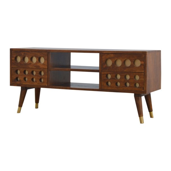Solid Mango Wood Chestnut Finished 4 Drawer 2 Slot Brass Hole Inlay Media Unit - Image 2