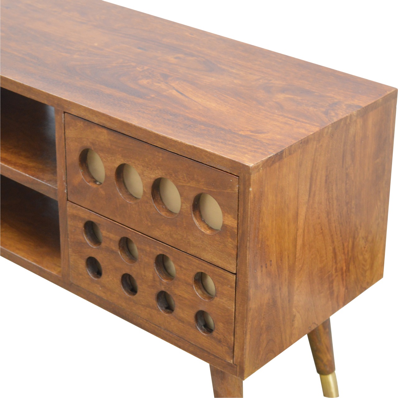 Solid Mango Wood Chestnut Finished 4 Drawer 2 Slot Brass Hole Inlay Media Unit - Image 9