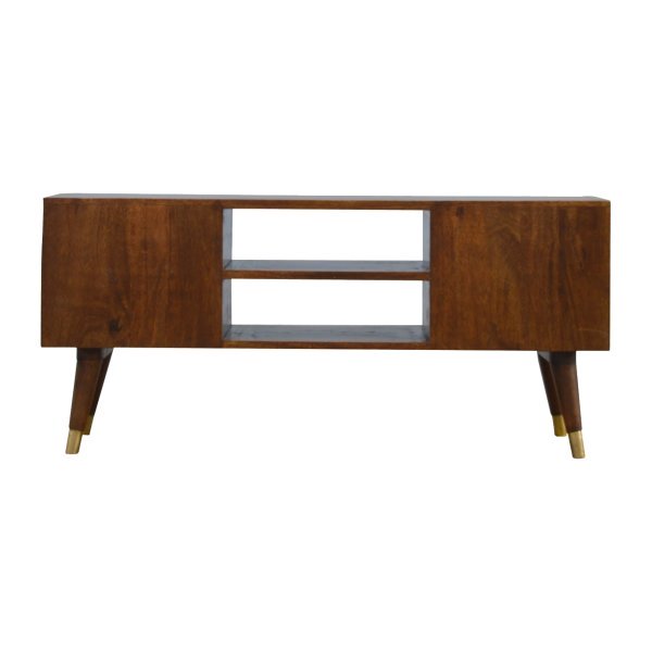 Solid Mango Wood Chestnut Finished 4 Drawer 2 Slot Brass Hole Inlay Media Unit - Image 8