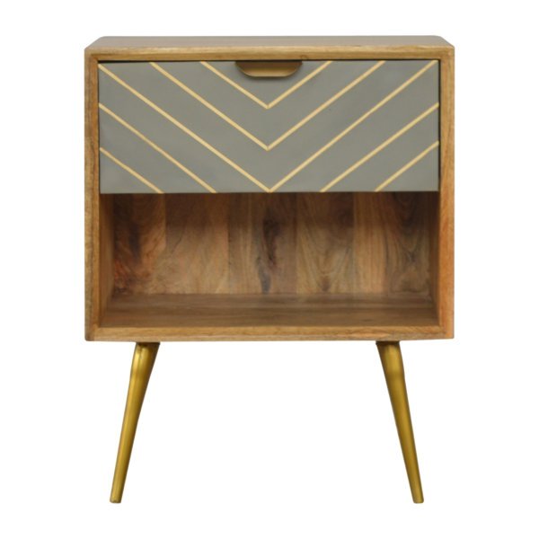 Solid Mango Wood Mango Wood Cement Drawer Front with Brass Inlay Scandinavian Style 1 Drawer Bedside