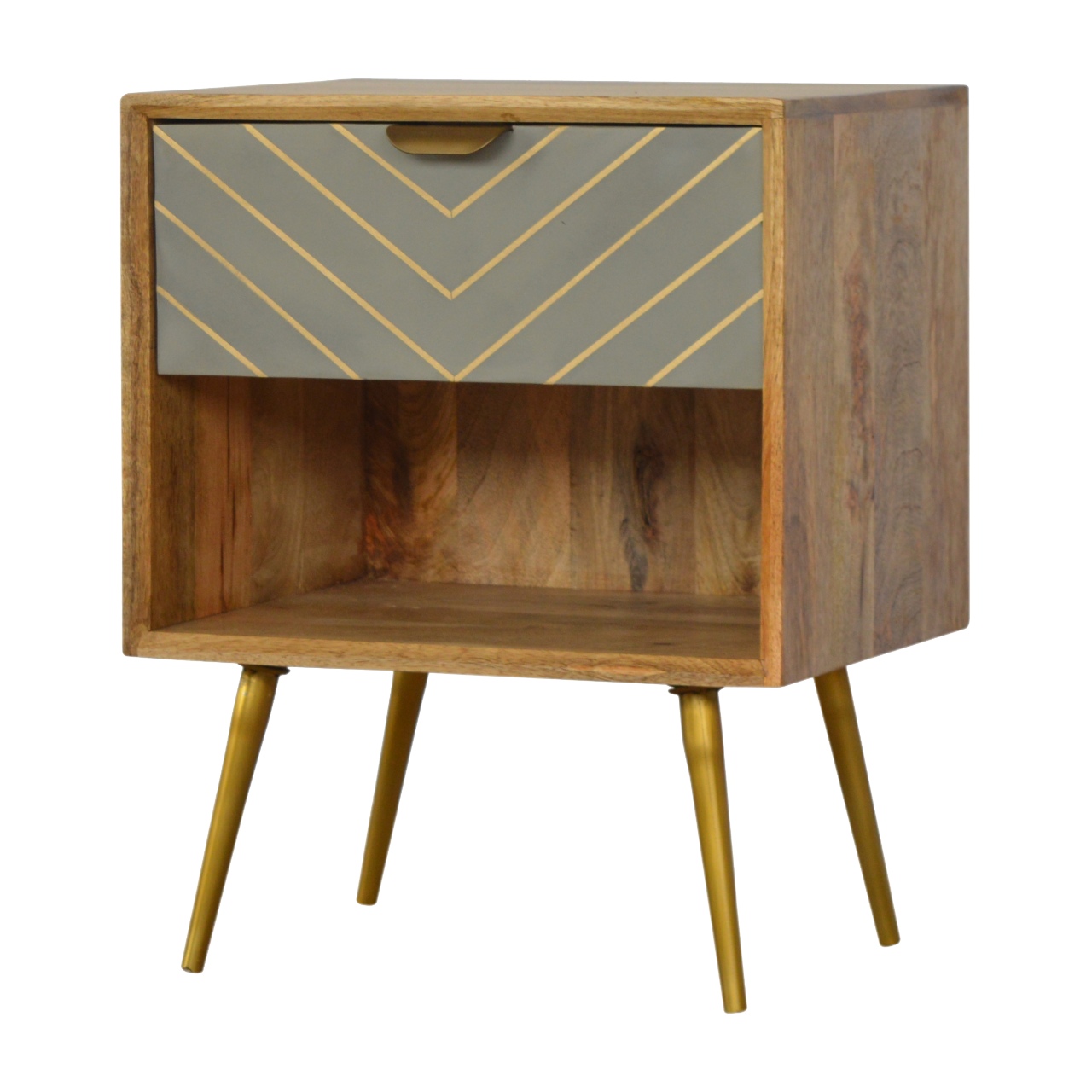 Solid Mango Wood Mango Wood Cement Drawer Front with Brass Inlay Scandinavian Style 1 Drawer Bedside - Image 2