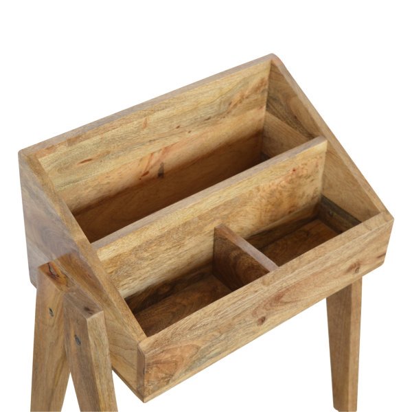 Solid Mango Wood Oak Finished Trestle Magazine Rack - Image 5