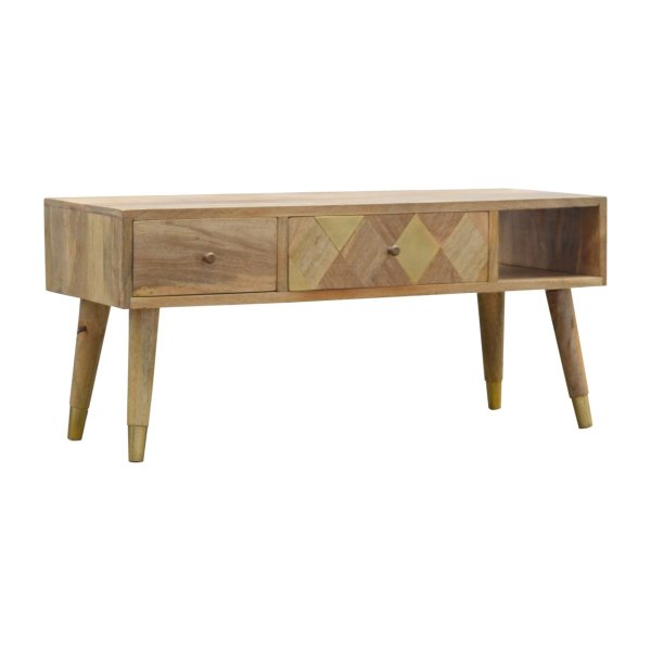 Solid Mango Wood Oak Finished 2 Drawers 1 Slot Gold Inlay Media Unit - Image 2