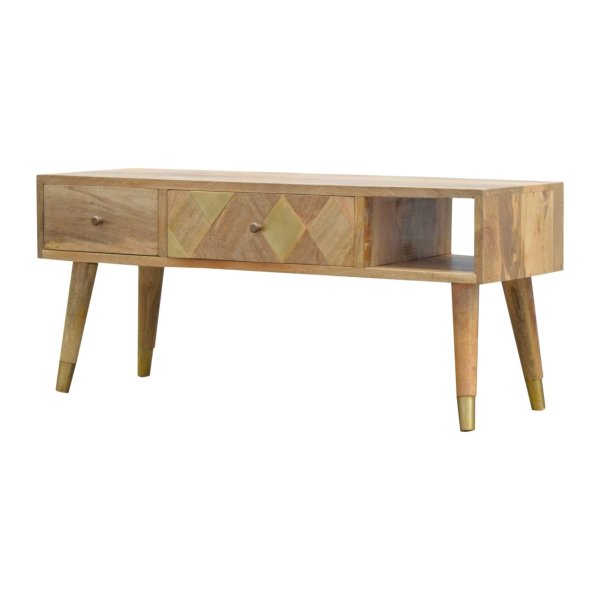 Solid Mango Wood Oak Finished 2 Drawers 1 Slot Gold Inlay Media Unit - Image 3