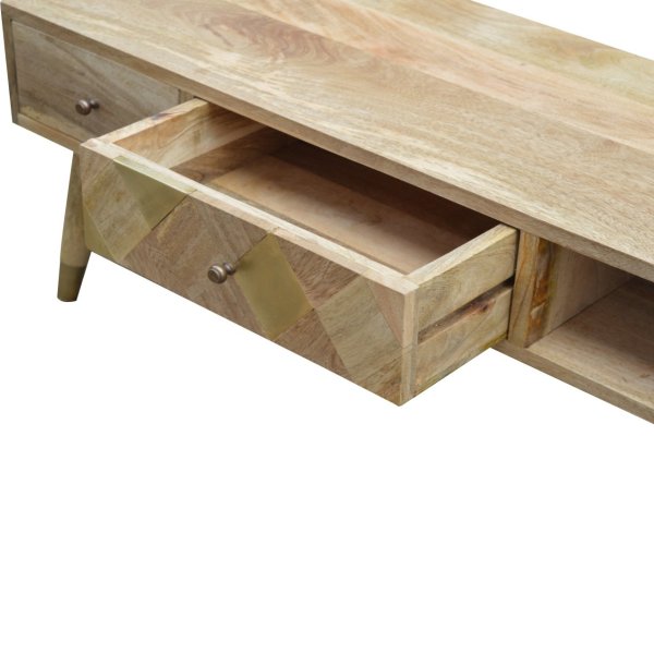 Solid Mango Wood Oak Finished 2 Drawers 1 Slot Gold Inlay Media Unit - Image 4
