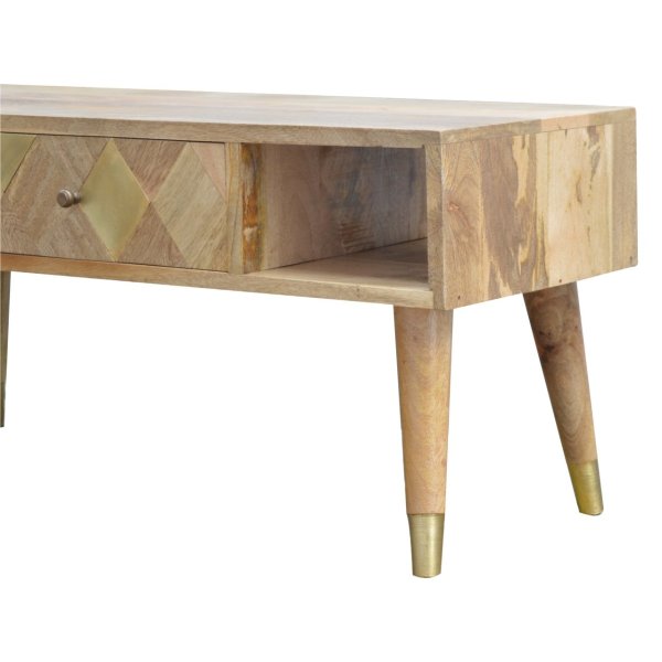 Solid Mango Wood Oak Finished 2 Drawers 1 Slot Gold Inlay Media Unit - Image 6