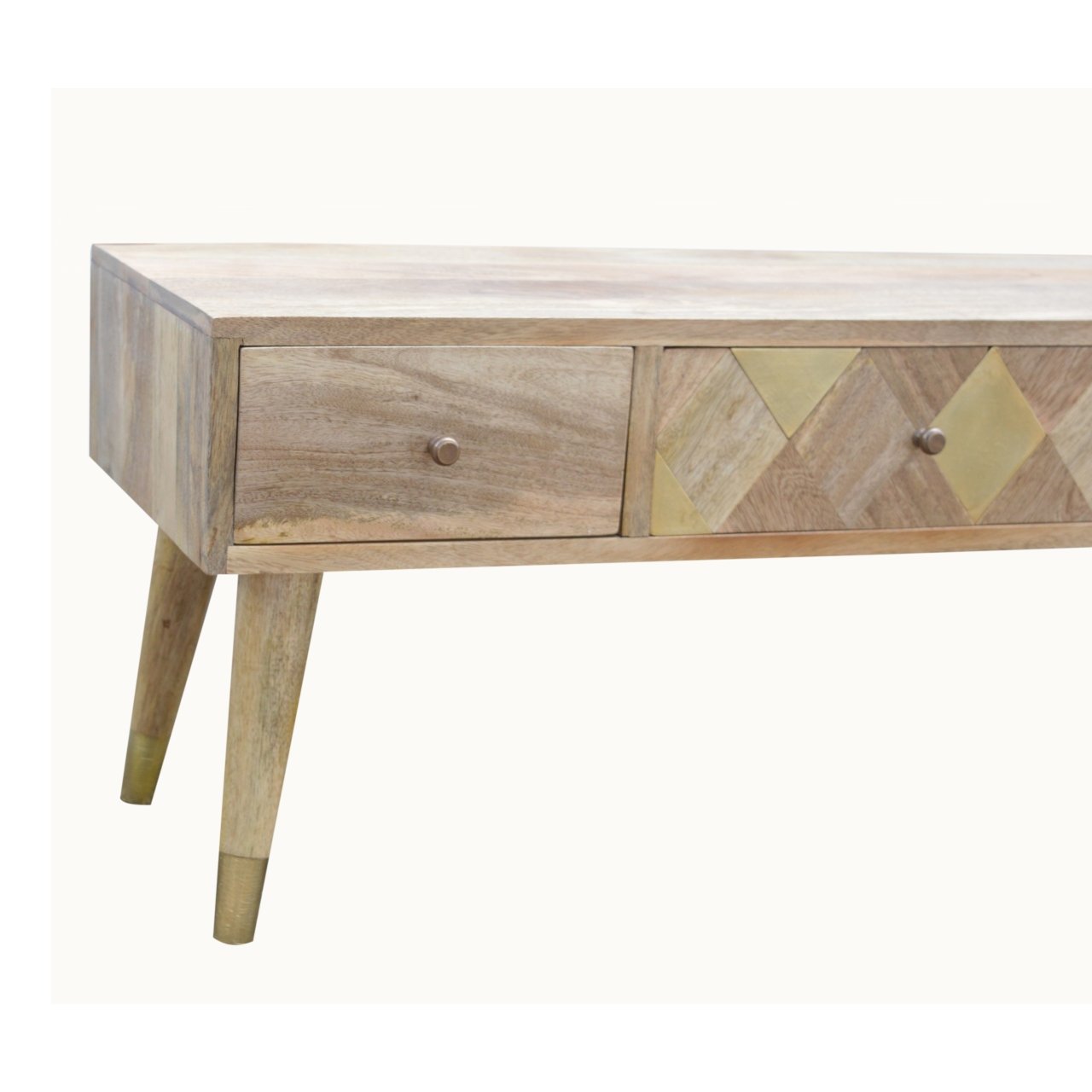 Solid Mango Wood Oak Finished 2 Drawers 1 Slot Gold Inlay Media Unit - Image 5