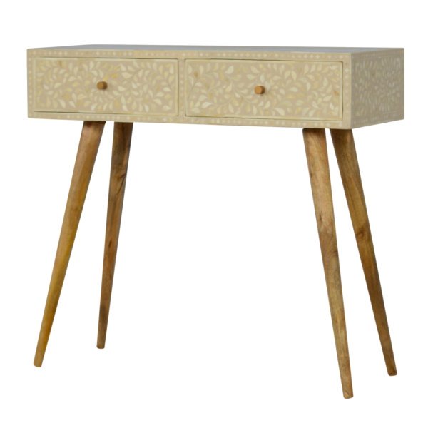 Solid Mango Wood Oak Finished 2 Drawer Floral Bone Inlay Console Table - Image 3