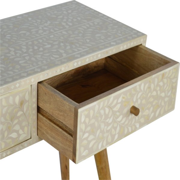 Solid Mango Wood Oak Finished 2 Drawer Floral Bone Inlay Console Table - Image 5