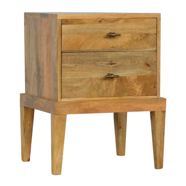 Solid Mango Wood Oak Finished 2 Drawer Bedside with T-Bar Knobs - Image 2