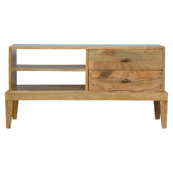 Solid Mango Wood Oak Finished 2 Drawer T-Bar Media Unit