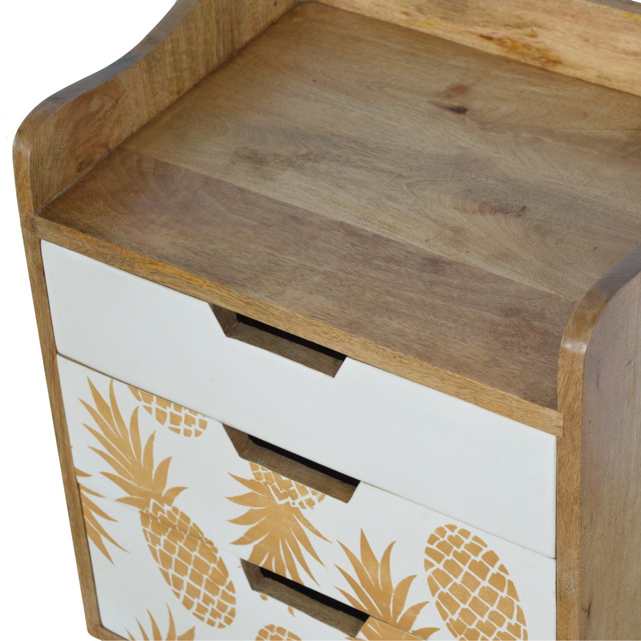 Solid Mango Wood Oak Finished 3 Drawer Pineapple Screen Printed Bedside - Image 7