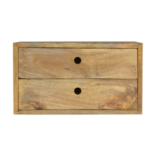 Solid Mango Wood Oak Finished 2 Drawer Wall Mounted Bedside