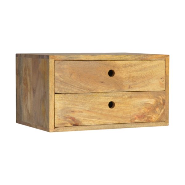 Solid Mango Wood Oak Finished 2 Drawer Wall Mounted Bedside - Image 3