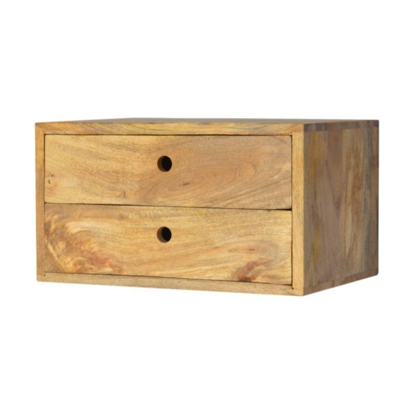 Solid Mango Wood Oak Finished 2 Drawer Wall Mounted Bedside - Image 2