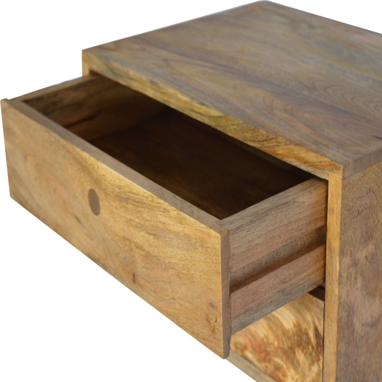 Solid Mango Wood Oak Finished 2 Drawer Wall Mounted Bedside - Image 4