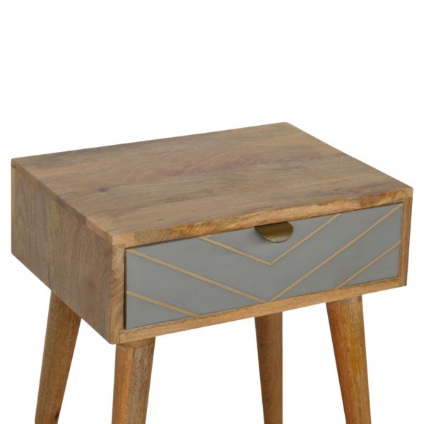 Solid Mango Wood Oak Finished 1 Drawer Sleek Cement Brass Inlay Bedside - Image 6