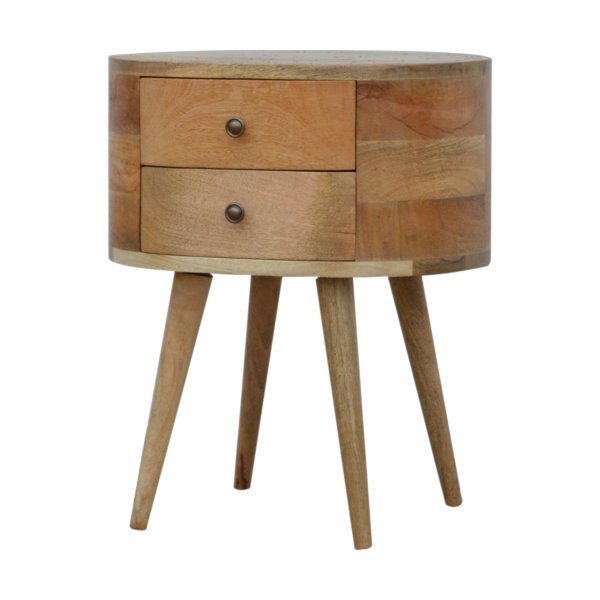 Solid Mango Wood Oak Finished Rounded Bedside Table - Image 2