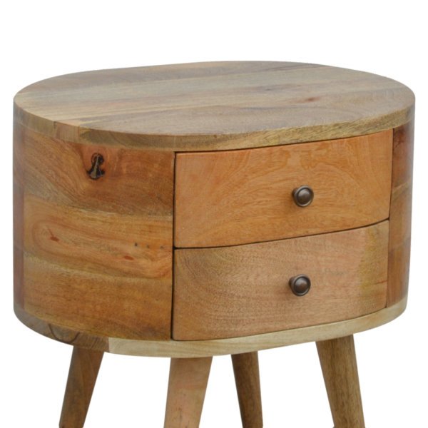 Solid Mango Wood Oak Finished Rounded Bedside Table - Image 3