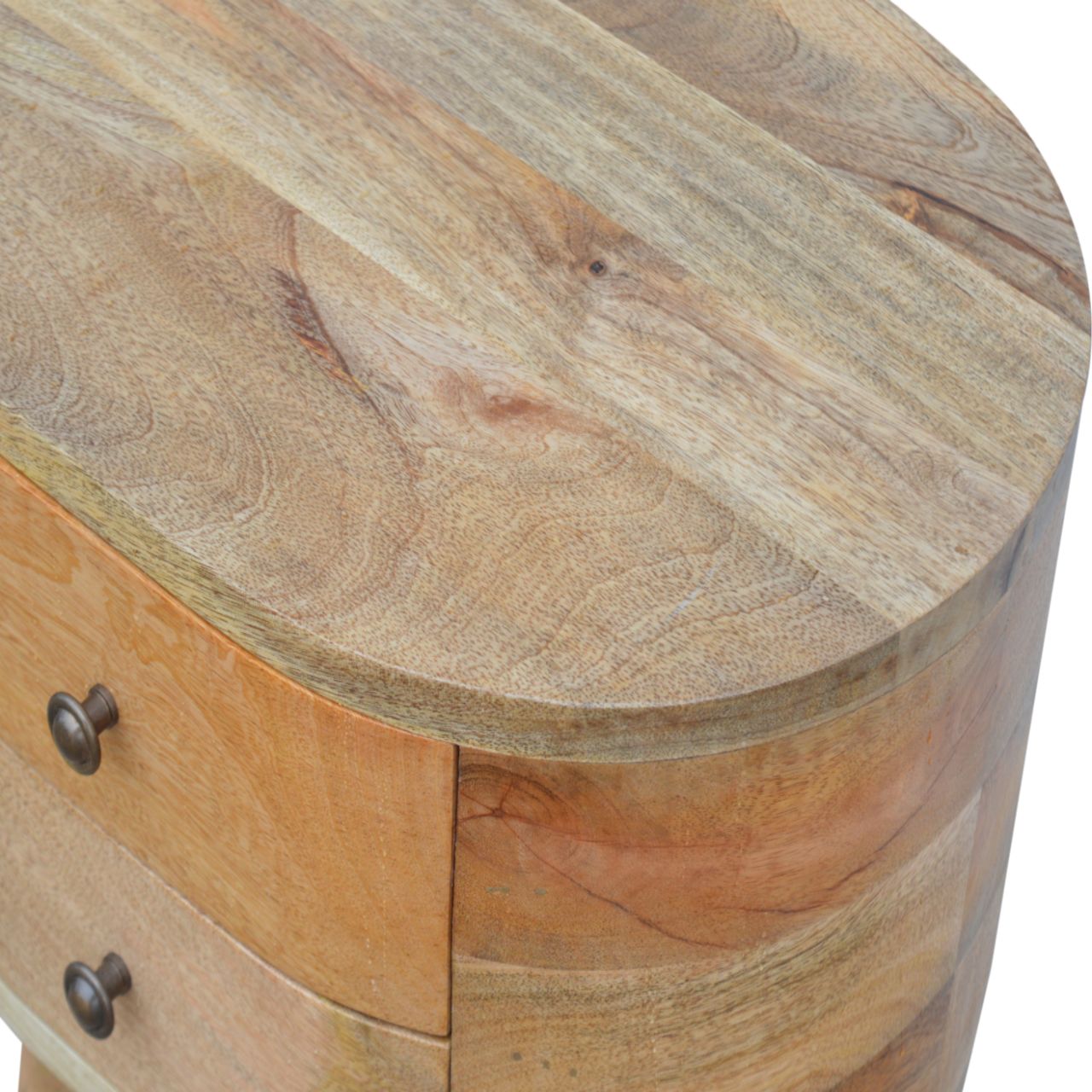 Solid Mango Wood Oak Finished Rounded Bedside Table - Image 4