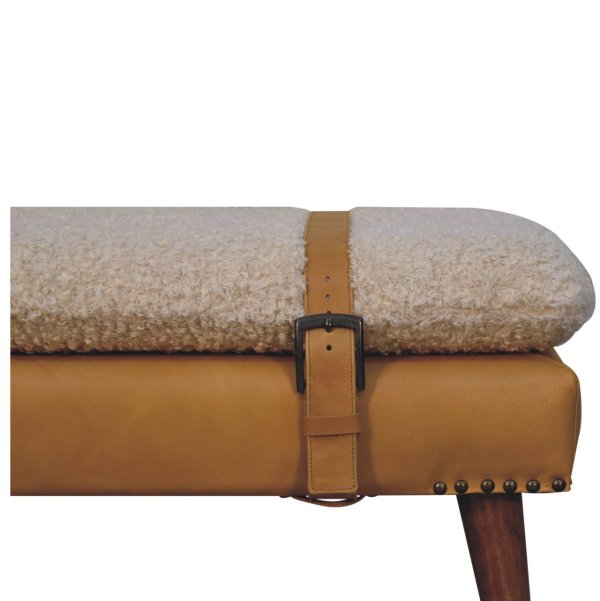 Solid Mango Wood Boucle & Tan Leather Finished Bench - Image 4