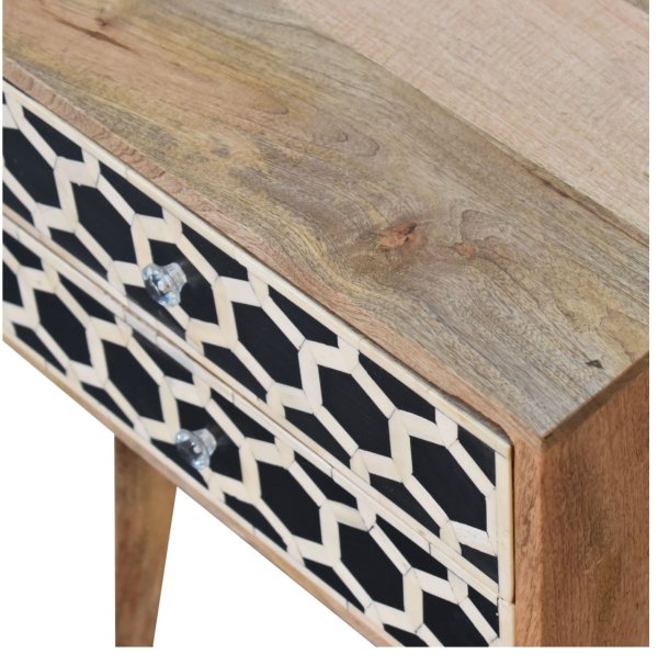 Solid Mango Wood Oak Finished 2 Drawer Bone Inlay Scandinavian Style Bedside - Image 5