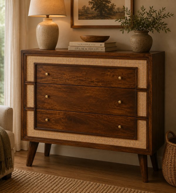 Solid Mango Wood Chestnut Finished 3 Drawer Rattan Woven Square Chest