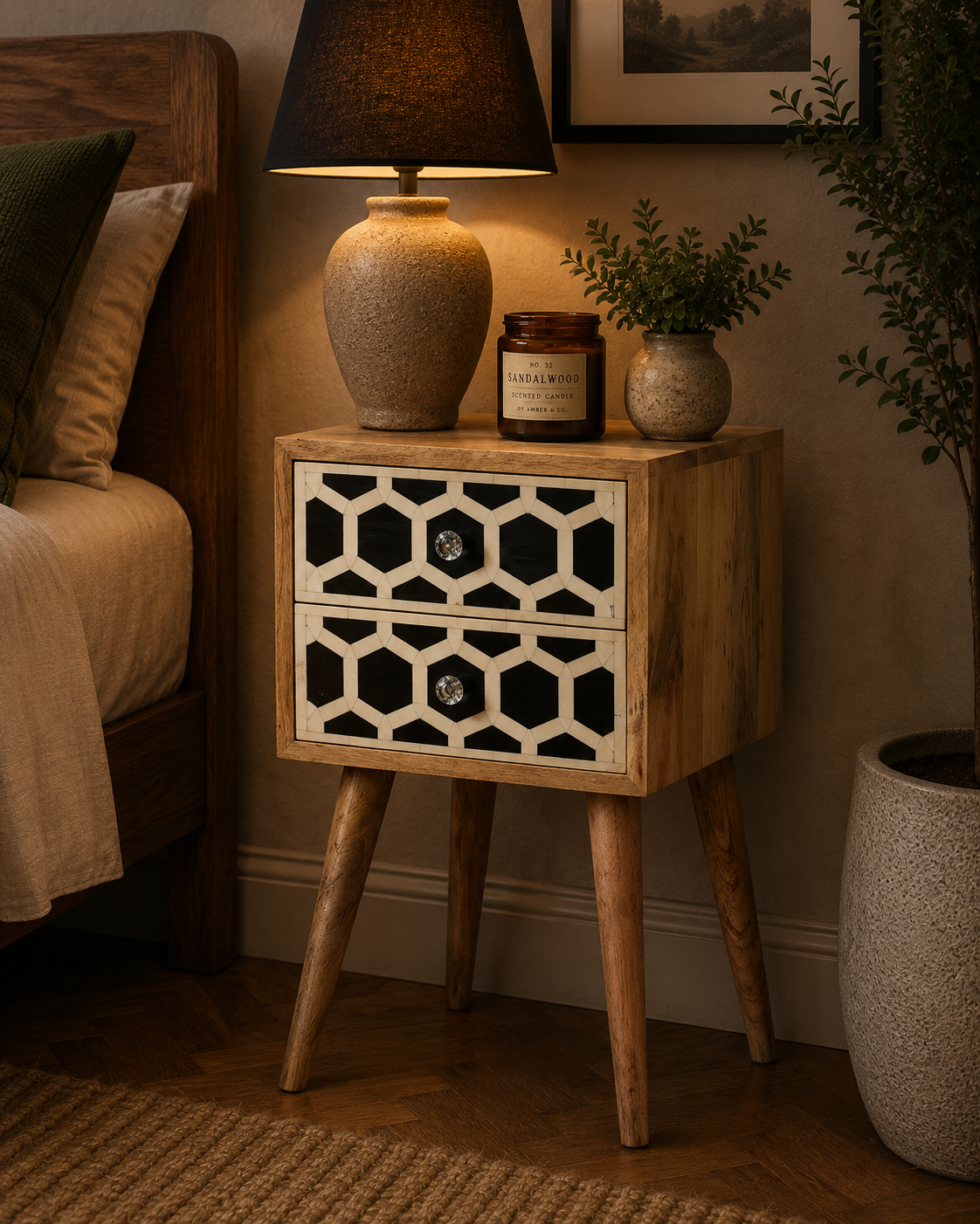 Solid Mango Wood Oak Finished 2 Drawer Mini Bone Inlay Bedside
