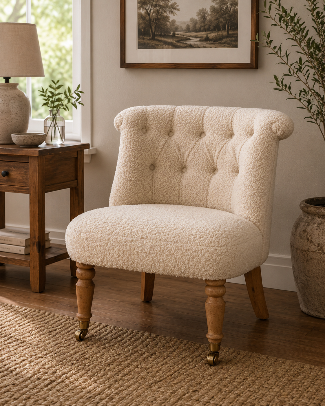 Solid Mango Wood Oak Finished Boucle Upholstered Cream Accent Chair
