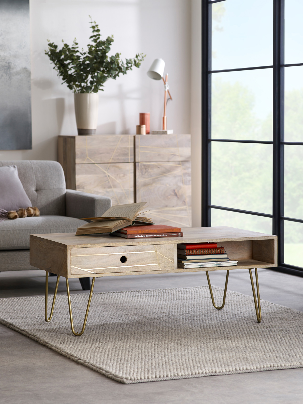 Light Gold Rectangular Coffee Table with Drawer - Image 5