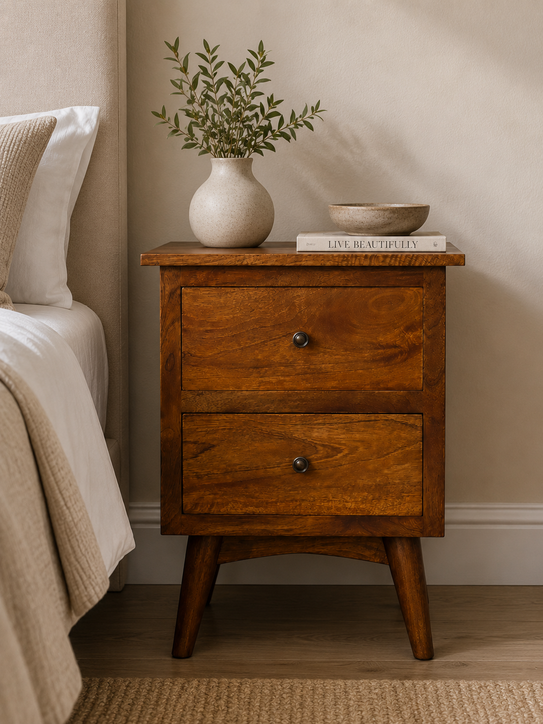 Solid Mango Wood Chestnut Finished 2 Drawer Bedside