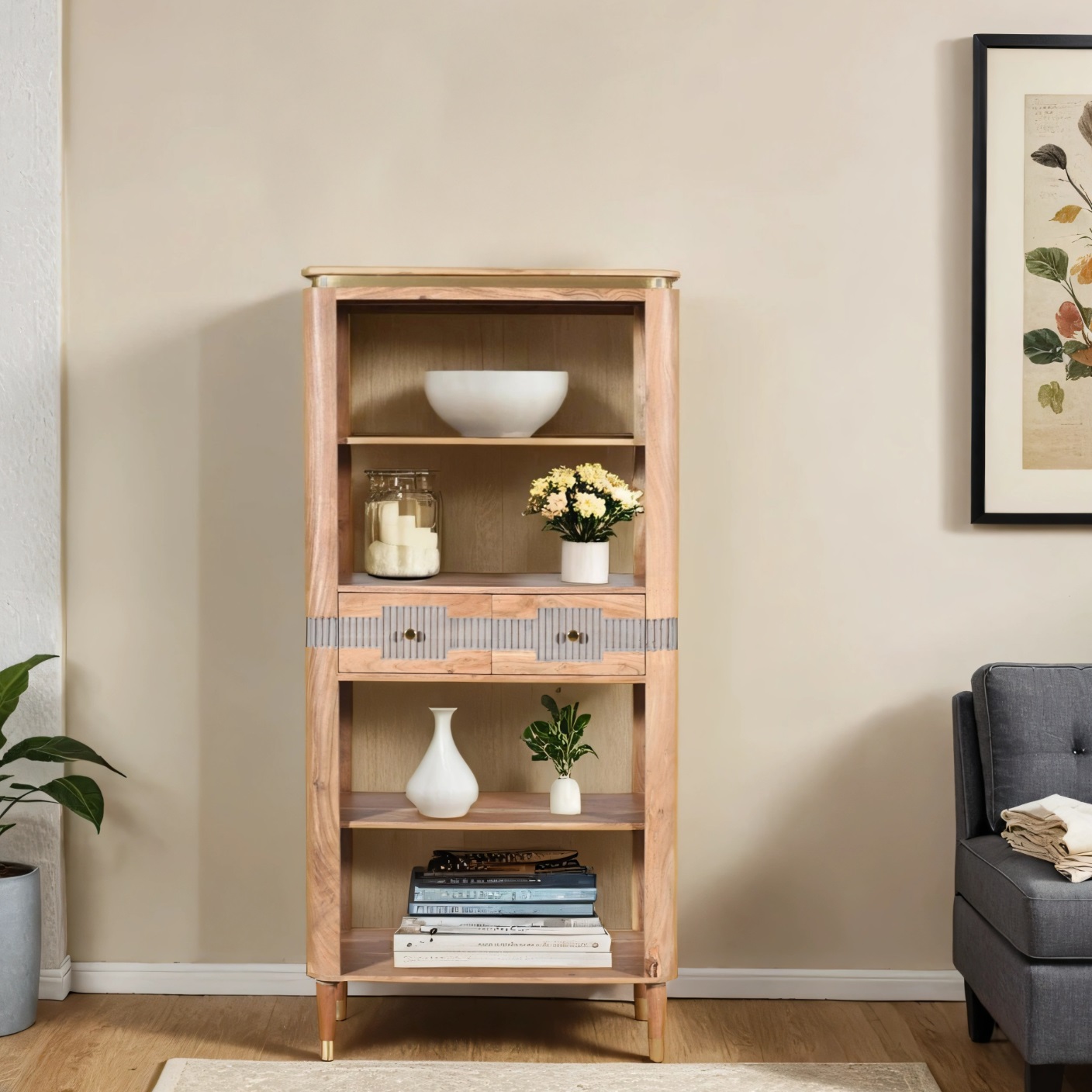 Wilton Acacia Wood 2 Drawers Open Bookcase - Image 4