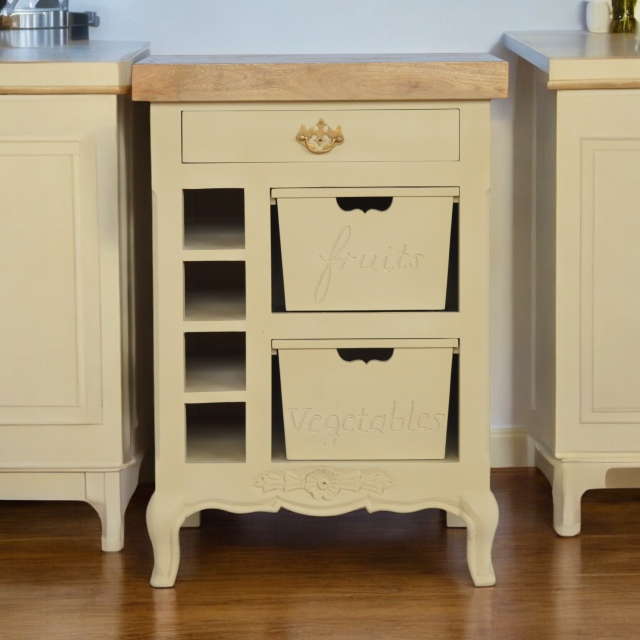 Solid Mango Wood Oak Finished Hand Painted Cream2 Drawer French Style Cabinet - Image 2