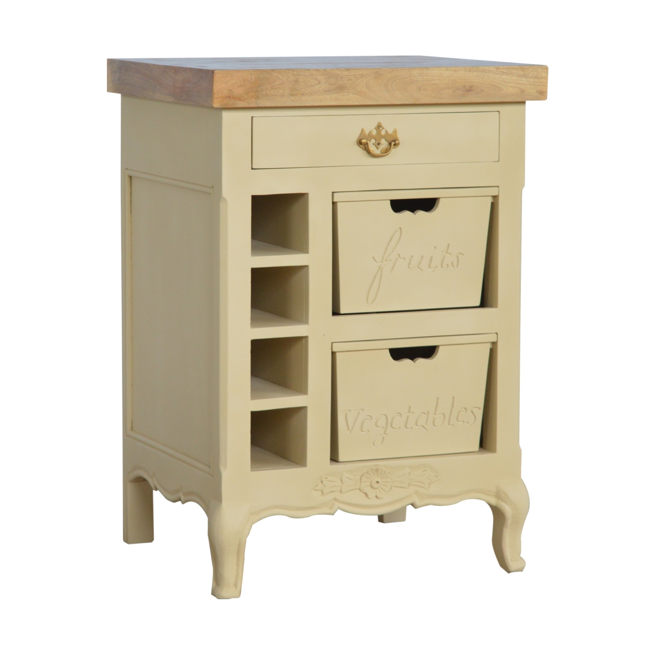 Solid Mango Wood Oak Finished Hand Painted Cream2 Drawer French Style Cabinet