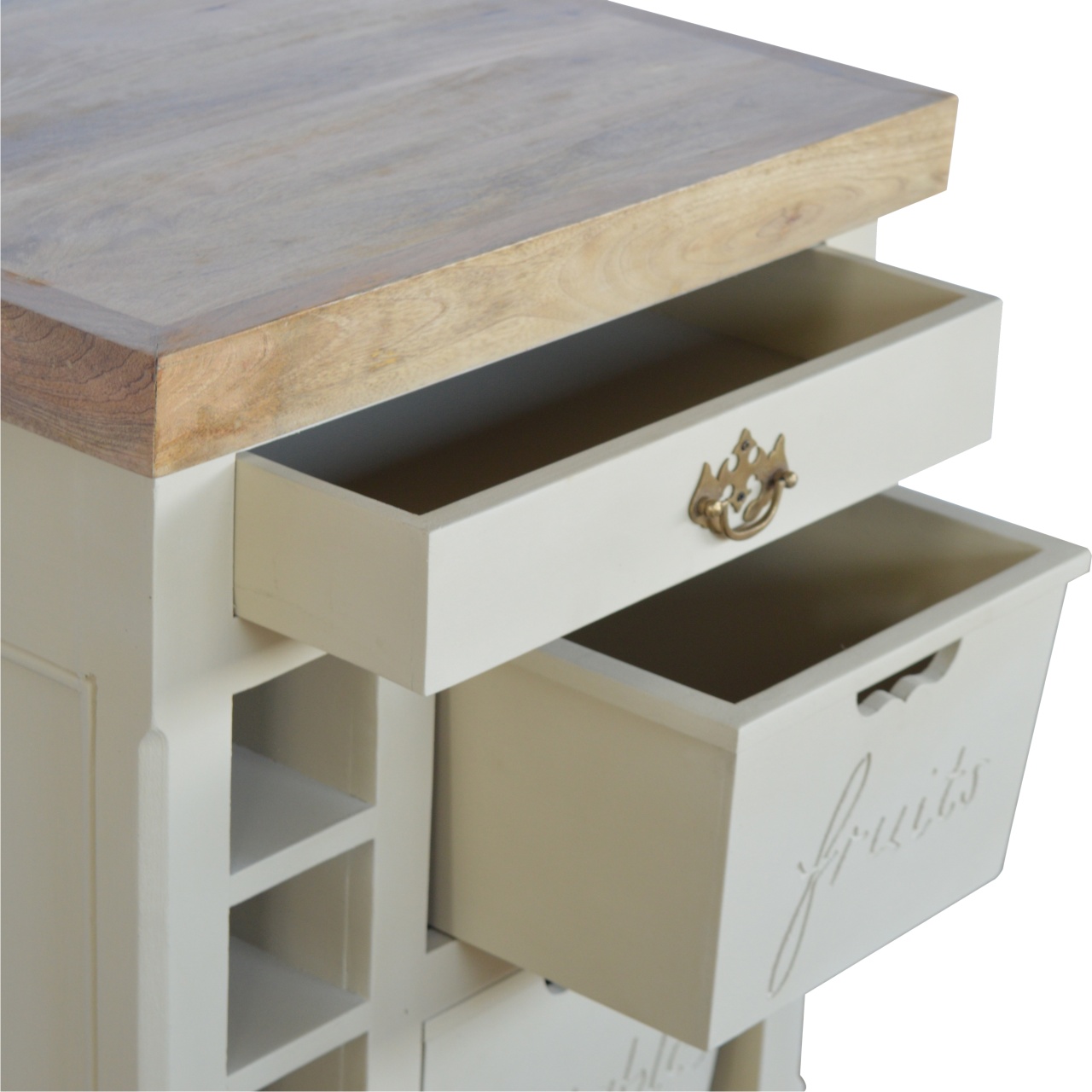 Solid Mango Wood Oak Finished Hand Painted Cream2 Drawer French Style Cabinet - Image 6