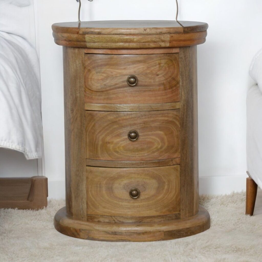 Solid Mango Wood Oak Finished 3 Drawer Drum Chest of Drawers